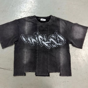 T-shirt graphique personnalisé effet vieilli, coupe oversize à épaules tombantes, avec empiècements patchwork, col montant, en tissu épais, délavé à l'acide - Product Image 6