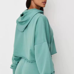 Trendy High Quality Solid Color <b>Custom</b> Zip up Drop Shoulder <b>Balloon</b> Sleeves Oversized Crop Top Hoodie Women - Product Image 4