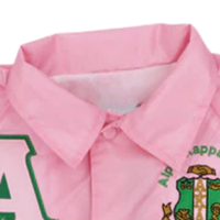 AKA Jaket Kancing Depan Warna Pink dengan Bordir Huruf dan Lambang Hijau, Pakaian Luar Kasual Ringan untuk Wanita