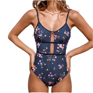 Maillot de bain une pièce à imprimé floral pour femme, col rond, découpes, taille haute, effet push-up, extensible, polyester/nylon, respirant, écologique - Product Image 1