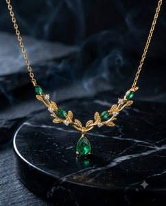 Collier pendentif feuille de vigne en argent 925 plaqué or avec émeraude de laboratoire, chaîne à maillons vintage en moissanite ronde pour femme - Product Image 1