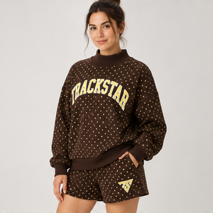 Ensemble short 2 pièces pour femme, marron chocolat, micro-points, col montant, vêtements de sport décontractés personnalisés - Product Image 3