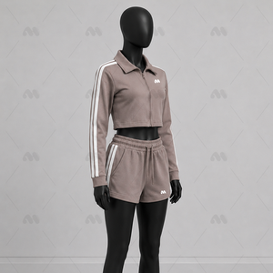Conjunto Deportivo de Dos Piezas para Mujer, Color Sólido, Manga Larga, Cierre Frontal, Pantalones Cortos Casuales, Otoño, Transpirable, Ligero, Poliéster - Product Image 6