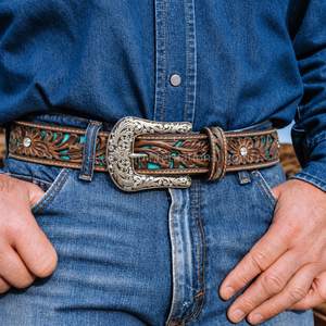 Premium Western Cowboy Leather <b>Belt</b> for Men Women Brown Floral Tooled Turquoise Inlay <b>Belt</b> with Rhinestone <b>Silver</b> <b>Buckle</b> - Product Image 4
