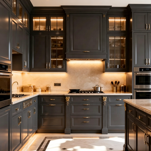Meubles de <span class=keywords><strong>cuisine</strong></span> en L sur mesure avec finition laquée, structure en panneaux mélaminés et plan de travail en granit, armoires en bois pour villas - Product Image 1