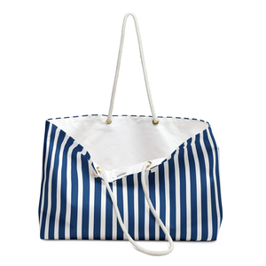 Navy White Vertical Stripes Weekender <b>Bag</b> Nautical <b>Beach</b> Tote <b>Large</b> Capacity Coastal Travel Overnight Carryall Womens Handbag - Product Image 3