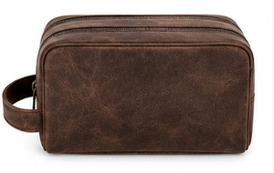 Premium Genuine Leather Eco-Friendly Durable Vintage Travel Bag Large Capacity Double Zipper Closure Soft Handle Cosmetic - Product Image 3