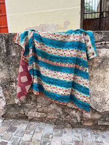 Handmade Vintage Block Printed Cotton Kantha Reversible Quilt <b>Bedspread</b> with Traditional Indian Floral Design - Product Image 1