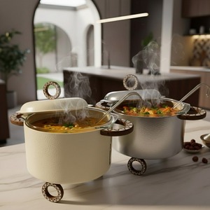 Soupière de luxe texturée avec poignées en bois géométriques, élégant réchaud alimentaire pour buffet, fête et traiteur - Product Image 1