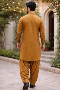 Conjunto de Kurta y Shalwar de Algodón Color Mostaza para Hombre, Corte Regular, Estilo Tradicional Indio-Pakistaní, Informal, para Todas las Temporadas, Sin Arrugas, Largo hasta el Tobillo - Product Image 4