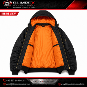 OEM Custom Logo <b>Mens</b> High-Quality Hooded Bomber <b>Jacket</b> Orange Lining Brass Zipper <b>Utility</b> Sleeve Pocket Windbreaker Custom Color - Product Image 3