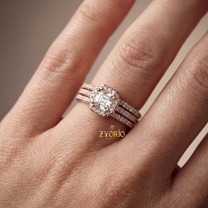 แหวนแต่งงานหรูหรา ชุบเงิน ประดับเพชรทรง Asscher ขนาด 0.95 กะรัต เพชรเลี้ยงในห้องปฏิบัติการ ดีไซน์วงแหวน 3 ชิ้นแบบ Halo พร้อมแหวนแต่งงานแบบ Pave เหมาะสำหรับเป็นของขวัญในงานปาร์ตี้ - Product Image 3