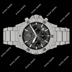 Montre chronographe en argent sertie de cristaux, cadran noir, style diamant, montre-bracelet de luxe pour homme - Product Image 2