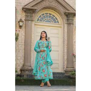 DISEÑADOR CHINON ESTAMPADO TRABAJO CON CUELLO PATRÓN VESTIDO INFERIOR CON DUPATTA VERDE MAR - Product Image 1