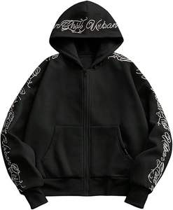 Sweat à capuche unisexe en molleton Y2K avec fermeture éclair, 100 % coton, broderie graphique lettres, manches longues, style streetwear - Product Image 6