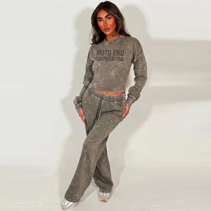 Ensemble vintage délavé à l'acide pour femme : sweat à capuche court et pantalon large, tenue décontractée streetwear ample - Product Image 2