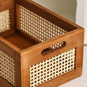Modern Rattan <b>Storage</b> <b>Basket</b> Wooden Organizer Bin with Handles <b>Rectangular</b> Woven Tray for Living Room Bedroom Nursery - Product Image 2