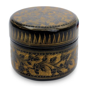 Boîte à bijoux ronde orientale en bois avec couvercle, design laqué noir et or, conteneur de rangement à 1 niveau - Product Image 3