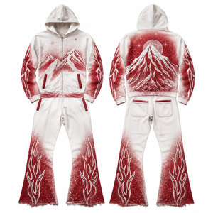 Conjunto de chándal unisex con capucha y estampado de montaña en degradado blanco y rojo, pantalones largos de estilo urbano con cremallera y ajuste holgado. - Product Image 1