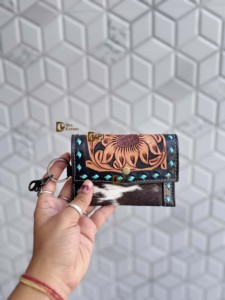 Western Hair on Cowhide Leather New Hand Tooled Carving Small <b>Wristlet</b> Coin Purse Multi Uses Mini Wallet for Women Western Gifts - Product Image 3