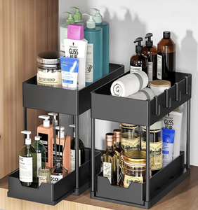 OEM/ODM Vietnam 2 Tier Under Sink Organizer Sliding Cabinet Rack with <b>Hooks</b> Kitchen Bathroom Storage <b>Shelf</b> - Product Image 2