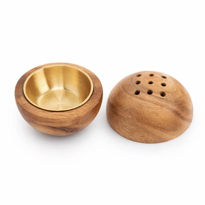 New Acacia Wood <b>Incense</b> <b>Burner</b> <b>Holder</b> With Brass Bowl Sphere Cover Aromatherapy Diffuser Meditation Deco Gift Set Premium Crafts - Product Image 1