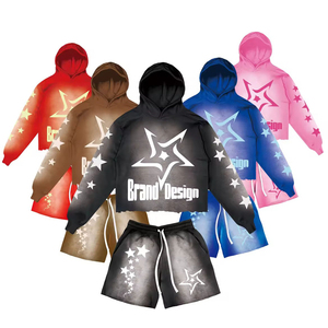 Trendy Custom Brand Logo Printed Crop Zip Hoodie & Wide Leg Sweat shorts High Quality Rhinestone 100% Cotton Hoodie & Shorts - Product Image 1