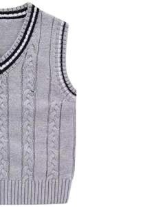 Chaleco de Punto Gris con Ribete Negro, Manga Regular, 100% Algodón, con Patrón de Letras, Cuello en V, Suave y Cálido, para Invierno - Product Image 4