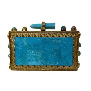 Turquoise Gemstone Panelled <b>Clutch</b> with Hand-Set Stone Tiles <b>Gold</b> Ornate Frame Handcrafted Luxury Statement Bag anniversary gift - Product Image 1