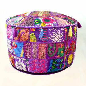 Indian Handmade Patchwork Cotton Pouf <b>Round</b> Floor <b>Cushion</b> Embroidered Bohemian Decorative Throw Pillow with Zipper Closure - Product Image 2