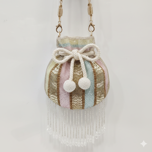 Sac Potli de luxe orné de perles faites à la main |   Pochette de soirée élégante à rayures pastel pour mariages et fêtes |   Sac de mariée en gros - Product Image 4