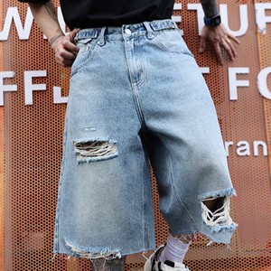 Pantalones Cortos de Mezclilla para Hombre, Lavado Claro, Estilo Desgastado, Pierna Recta, Cintura Media, Casuales de Verano, Tela de Algodón, Estilo Roto, Precio de Fábrica, OEM ODM - Product Image 3