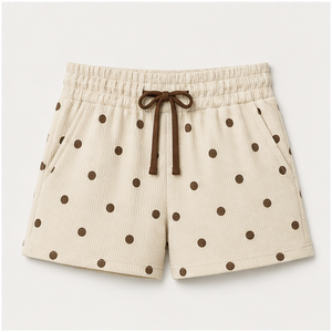 Pantalones Cortos de Salón para Mujer, Personalizados, Color Marfil con Puntos, Corte Holgado Estilo Boxer, con Cordón Ajustable, de Algodón con Tejido Waffle - Product Image 1