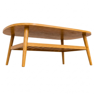 Minimalist Modern <b>Solid</b> Teak Oval Slatted Coffee Table High Quality Honey Finish Open Shelf Non-Foldable Hotel Lounge Wholesale - Product Image 3