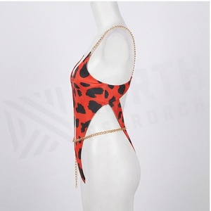 NORTH APPROACH Women One Piece Leopard Print Swimsuit Deep V Neck Hollow Out Chain Detail Stretch Bodysuit - Product Image 3