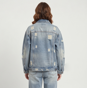 100% Cotton Winter Distressed Denim Jacket Women Oversized Jeans Coat Ladies Oversize Distress Jean Coat Oversize Denim Jackets - Product Image 2