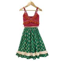 Ensemble Lehenga court en coton rayé à col volanté sans manches pour femme, rose et vert, tenue ethnique pour fêtes, mariages et occasions traditionnelles