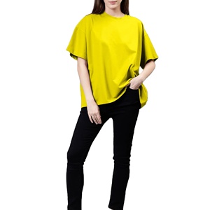 T-shirt décontracté pour femme, coupe oversize, col rond, manches mi-longues, couleur unie, tricoté, coupe droite, épaules tombantes, jaune, longueur normale, été - Product Image 5