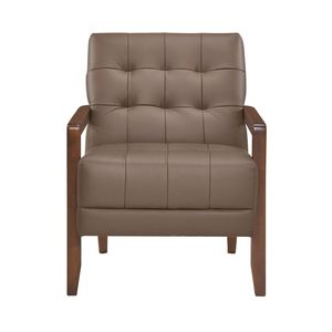 Poltrona Moderna in Pelle Marrone con Lavorazione Trapuntata, Finitura in Noce, Arredamento in Legno per Soggiorno - Product Image 2
