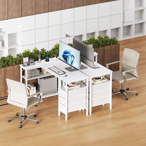 Escritorio para juegos en forma de L de 47 pulgadas con tomas de corriente, 3 cajones, estantes, soporte para monitor, MDF blanco - Product Image 3