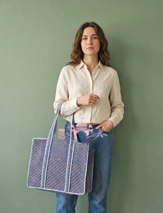 Bolso Tote Acolchado de Algodón Jaipuri, Ecológico, Hecho a Mano, con Estampado de Bloques, Asas a Rayas, Amplio, con Cordón Ajustable - Product Image 2