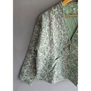 Green Floral <b>Kantha</b> Quilted Cotton <b>Jacket</b> Women V-Neck Button Front Short Coat Festival Wear gift for her - Product Image 2