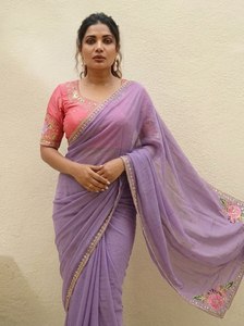 Sari brodé à motif floral lavande pour femme avec blouse rose contrastante – Tenue de soirée élégante – Sari de créateur en gros - Product Image 2