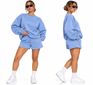 Ensemble sweat-shirt et short oversize pour femme, 2 pièces, ensemble de survêtement décontracté en molleton épais, pull à épaules tombantes, été - Product Image 6