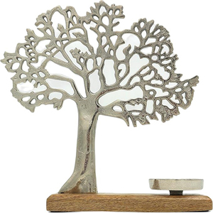 Porte-bougie de Noël en forme d'arbre sur base en bois de manguier, métal argenté pour bougies chauffe-plat, dimensions élégantes, décoration raffinée - Product Image 1