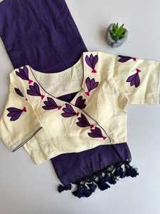 Blusa corta de algodón crema con bordado de hojas moradas, estilo étnico para mujer, para uso casual, estilo India-Pakistán. - Product Image 1