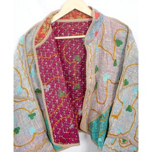 Vintage Women's 100%<b>Kantha</b> <b>Jacket</b> Handmade Indian Embroidered Bohemian Style with openclosure fashionable <b>jackets</b> floral pattern - Product Image 5