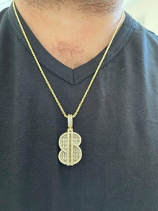 Collar con Colgante de Símbolo de Dólar Iced Out, Estilo Hip Hop, con Diamantes CZ Baguette, Cadena de Cuerda Chapada en Oro de 14k, Joyería para Hombre - Product Image 5