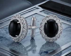 Boutons de manchette ovales en onyx noir, monture filigrane argentée, pour chemise formelle, bijoux de luxe pour homme, cadeau de mariage ou d'affaires - Product Image 2