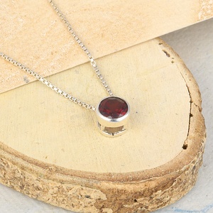 925 Sterling Silver Round Bezel Set Natural Garnet Birthstone Solitaire <b>Pendant</b> Necklace for Women January Birthstone Jewelry - Product Image 4